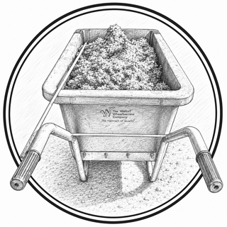 Black and white illustration of a wheelbarrow filled with gravel, branded 'Wells Barrow Company'.