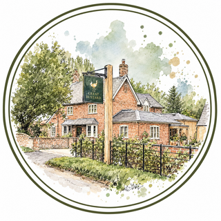 A circular watercolor-style illustration of a brick pub with a hanging sign reading 'Great Bustard' and a chicken logo, surrounded by trees, a fence, and a pale sky with soft green and tan paint splashes.