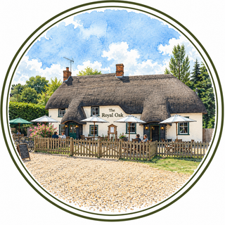 A circular watercolor-style illustration of a thatched-roof pub named "The Royal Oak" with outdoor seating, flowers, trees, and a gravel foreground, framed by a dark green border.