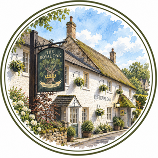A circular watercolor-style illustration of a quaint English pub named The Royal Oak, featuring a thatched roof, white stone walls, hanging flower baskets, and a prominent hanging sign with a crown and oak tree graphic.