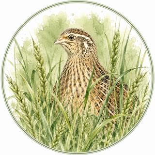 A circular watercolor-style illustration of a brown and tan bird with speckled plumage standing among green grass and wheat stalks on a white background.