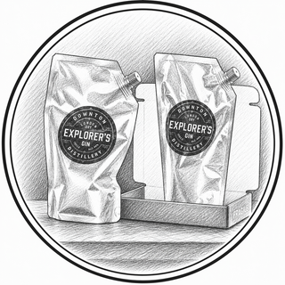 Two packages of Downton Explorer's Gin on a wooden surface with a circular border.