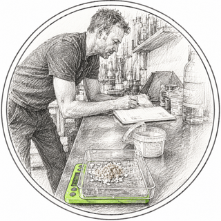 A circular black-and-white sketch-style illustration shows a man leaning over a counter in a kitchen or lab setting, writing in a notebook. In the foreground, a clear food processor or container sits on a bright green digital scale, with a measuring cup nearby.