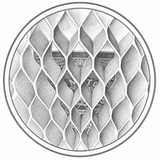 Geometric pattern with wavy lines and text inside a circular frame