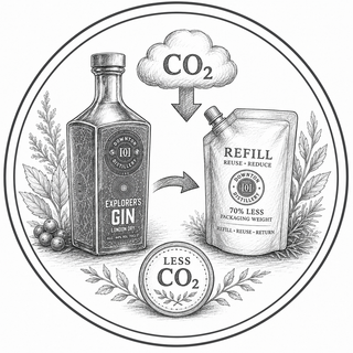 Illustration of a bottle and refill pack with CO2 reduction text