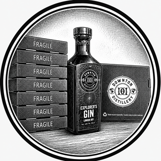 Bottle of Downton Distillery Explorer's Gin with boxes labeled 'Fragile' on a white background.