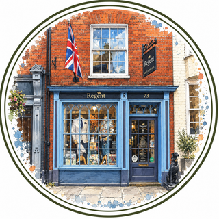 A circular watercolor-style illustration of a historic storefront building with red brick walls, blue-painted facade details, a Union Jack flag, a hanging black sign reading 'The Regent,' and large display windows showing clothing inside. The scene is framed by a decorative border with paint-splatter accents.