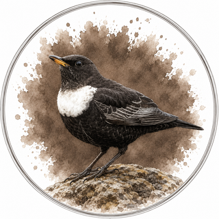 A circular watercolor-style illustration of a bird with a black body, white chest patch, and yellow beak, standing on a rock against a brown splattered background inside a thin circular border.
