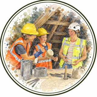 A circular watercolor illustration of three construction workers in high-visibility vests and hard hats standing on a building site, with tools and materials on a table in the foreground.