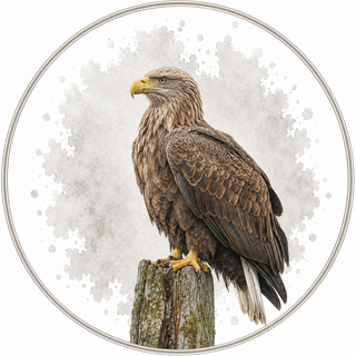 A detailed illustration of a white-tailed eagle perched on a weathered tree stump, framed within a circular border on a white background with a light gray watercolor splatter effect.