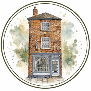 A circular watercolor-style illustration of a brick building facade with two windows on the upper floor, a shop window and door on the ground floor, a small flag, and a chimney. The artwork is centered on a white background with soft green and beige watercolor splashes.