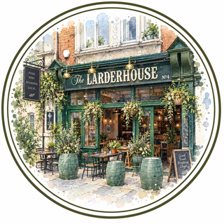 A circular watercolor-style illustration of a quaint pub exterior named 'The Larderhouse No. 4', featuring dark green trim, hanging flower baskets, outdoor seating, chalkboard signs, and warm hanging lights, centered on a white background with a thin circular border.