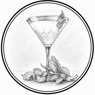 Black and white illustration of a martini glass with herbs on a circular border