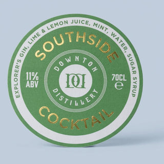 Green label for Southside cocktail from Downton Distillery on a light blue background