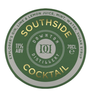 Southside cocktail label with Downton Distillery branding on a white background