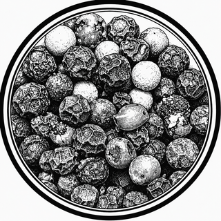 Black and white illustration of a bowl filled with peppercorns.