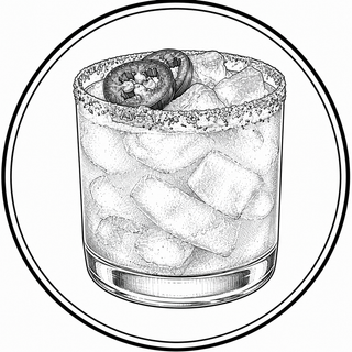 Black and white illustration of a cocktail with ice and a salt rim.