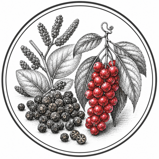 A botanical-style illustration of berries and leaves inside a circular border. The artwork shows clusters of glossy red berries with dark leaves on one side and a pile of dark purple-black berries on the other, rendered in a clean black-and-white drawing with selective red coloring on the berry cluster.