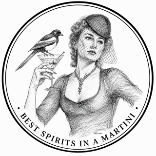 Illustration of a woman holding a martini glass with a bird, surrounded by text 'Best Spirits in a Martini'.