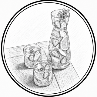 Illustration of a carafe and glasses with fruit and ice on a wooden surface