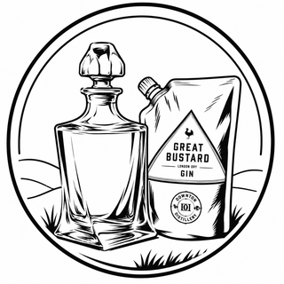 Black and white illustration of a decanter and bottle labeled 'Great Bustard Gin' on a white background.