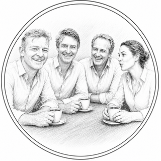 Pencil sketch of four people sitting around a table with coffee cups.