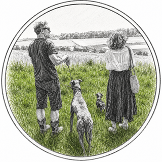 A circular black-and-white sketch-style illustration showing a man and a woman standing in a grassy field with two dogs, looking toward a distant landscape. The artwork is presented on a white background with a thin circular border.