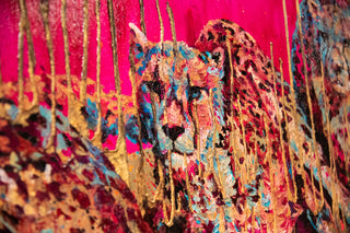 Colorful painting with a cheetahs running on a pink background