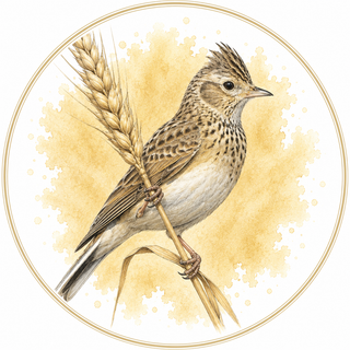 A circular watercolor-style illustration of a small brown bird perched on a wheat stem, set against a warm beige background with a thin circular border.