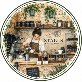 A circular illustrated sign or print for 'The Stalls Coffee | Produce' showing a woman pouring coffee at a rustic counter with shelves of jars, hanging plants, and watercolor-style details.