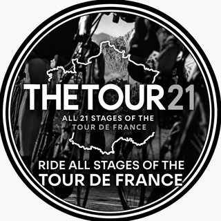 Promotional graphic for 'The Tour 21' featuring the Tour de France, with text and a map outline.
