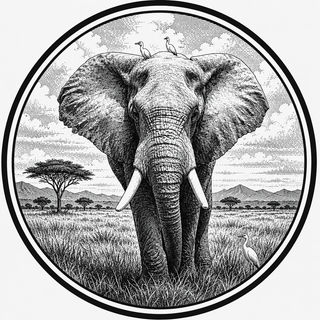 Black and white illustration of an elephant in a savanna with trees and mountains in the background.
