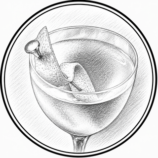 Black and white illustration of a cocktail glass with a lemon twist and a cherry.
