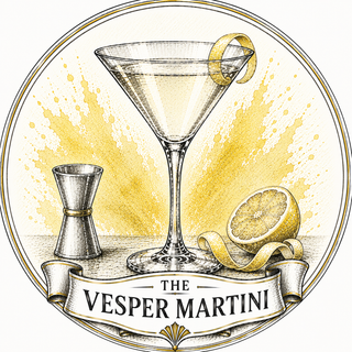 A circular illustrated label or badge featuring a martini glass with a lemon twist, a jigger, a lemon half, and a ribbon banner reading “THE VESPER MARTINI.” The artwork uses black linework with yellow-gold wash and a white background.