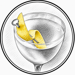 A circular black-and-white sketch-style illustration of a martini glass with a yellow lemon peel garnish resting on a silver pin, on a white background.