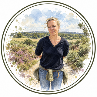 A circular watercolor-style portrait of a woman standing outdoors in a grassy landscape, wearing a dark navy long-sleeve top, blue jeans, and a green utility pouch at her waist. The artwork is centered on a white background with a thin dark circular border.