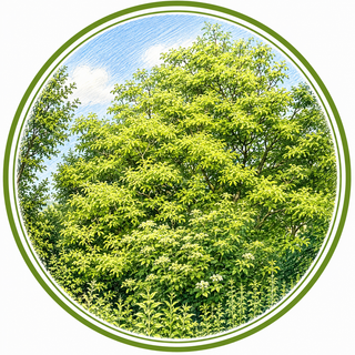 Circular image of a walnut tree with green leaves against a blue sky.