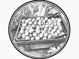 Black and white illustration of a basket filled with walnuts in an outdoor setting.