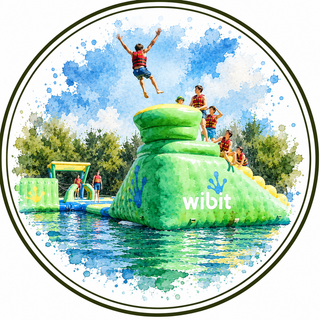 A circular watercolor-style graphic showing a children's inflatable water park scene. A large green inflatable platform in the foreground has the word 'wibit' printed on it, with several children playing on and around it.