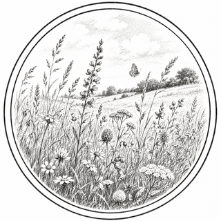 Black and white illustration of a field with wildflowers and butterflies.