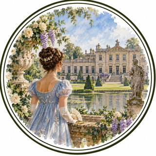 A circular art print featuring a woman in a light blue Victorian-style dress looking at a grand estate mansion and reflective pond, framed by flowers, statues, and greenery.