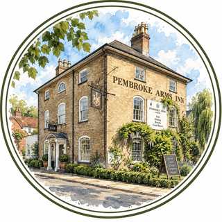 Watercolor-style illustration of Pembroke Arms Inn, a historic brick pub with green ivy, a blue sky, trees, and a circular border framing the artwork.