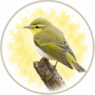 A watercolor-style illustration of a small yellow-green bird perched on a tree branch, centered inside a circular border on a white background.