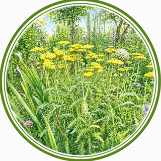 Circular image of a garden with yellow flowers and green foliage.