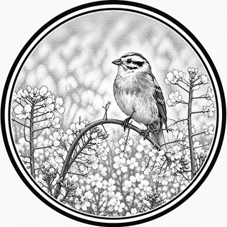 Bird sat on a branch, flowers behind it