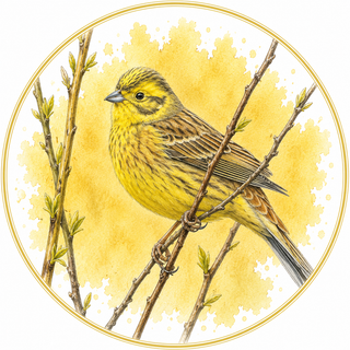 A circular illustration of a yellow bird perched on thin brown branches against a pale yellow watercolor-style background, with a thin gold-toned border around the circle.