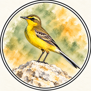 A watercolor-style illustration of a yellow bird perched on a rock, centered inside a circular border on a light cream background.
