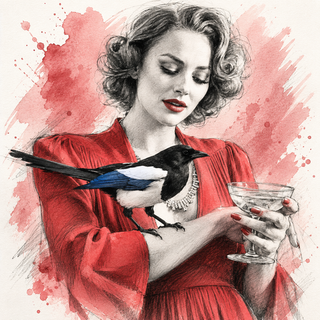 A stylized illustration of a woman in a red dress holding a cocktail glass, with a black bird perched on her shoulder against a red watercolor splash background.