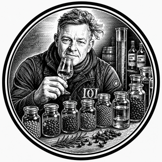 Person holding a snifter glass of spirit to his nose, with botanicals in front of him.