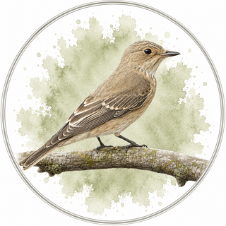 A circular watercolor-style illustration of a small brown bird perched on a branch, centered on a white background with a soft green watercolor splash behind it.